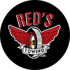 A red 's towing logo with wings on it.